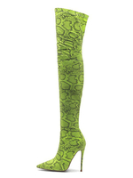 Frauen Sexy Overknee Stiefel Plus Size Overknee Stiefel Green Pointed Toe Snake Print 4.7