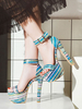 Frauen Sexy Sandalen Blau Leder Runde Zehen Sexy Schuhe