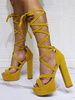 Frauen Sexy Sandalen Golden Micro Wildleder Upper Open Toe Chunky Heel Schnürschuhe