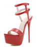 Frauen Sexy Sandalen Rote PU Leder Runde Zehen Stiletto Absatz Sandalen