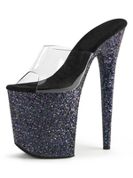 Frauen Sexy Sandalen Schwarz Leder Peep Toe Pailletten Transparent Sexy Slippers