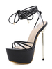 Frauen Sexy Sandalen Schwarz PU Leder Mandel Zehen Stiletto Absatz Schnür Sexy Schuhe
