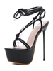 Frauen Sexy Sandalen Schwarz PU Leder Mandel Zehen Stiletto Absatz Schnür Sexy Schuhe