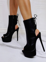 Frauen Sexy Sandalen Schwarz PU Leder Offene Spitze Stiletto Heel Sexy High Heel Booties