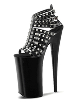 Frauen Sexy Sandalen Schwarz PU Leder Peep Toe Nieten 9.1 Sexy Schuhe