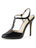 Frauen Sexy Sandalen Schwarz PU Leder Pointed Toe Low Stiletto Sandalen