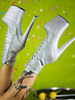Frauen Sexy Stiefel Offene Spitze Reißverschluss Pailletten Sterne Druckmuster Stilettoabsatz Silber Rave Club Oberschenkelhohe Stiefel Overknee Stiefel
