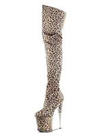 Frauen Sexy Stiefel Runde Kappe Leopardenmuster Pfennigabsatz Rave Club Leopard Oberschenkel Hohe Stiefel Stripper Schuhe