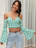 Frauen Shirt Grün Plaid Polyester V-Ausschnitt Offene Schulter Schnüren Lange Ärmel Sexy Tops