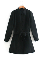 Frauen Shirt Kleider Black Square Neck Schnüren lange Ärmel Polyester Midi Kleid