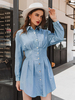 Frauen Shirt Kleider Blau Langarm Baumwolle Casual Midi Kleid