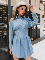 Frauen Shirt Kleider Blau Langarm Baumwolle Casual Midi Kleid