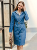 Frauen Shirt Kleider Blau Langarm Baumwolle Midi Kleid