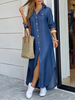 Frauen Shirt Kleider Blau Turndown Kragen Langarm Denim Maxikleid