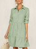 Frauen Shirt Kleider Grün Turndown Kragen Langarm Cotton Fit And Flare Kleid