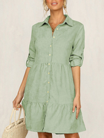 Frauen Shirt Kleider Grün Turndown Kragen Langarm Cotton Fit And Flare Kleid