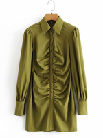 Frauen Shirt Kleider Grün Turndown Kragen Plissee Langarm Polyester Midi Kleid