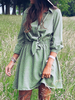 Frauen Shirt Kleider Grün Turndown Kragen Polka Dot Buttons Langarm Bow Knot Polyester Midi Kleid