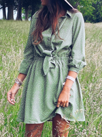 Frauen Shirt Kleider Grün Turndown Kragen Polka Dot Buttons Langarm Bow Knot Polyester Midi Kleid