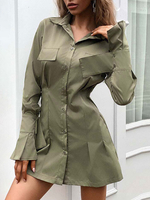 Frauen Shirt Kleider Hunter Green Stehkragen Langarm Knöpfe Slim Fit Kurzes Kleid