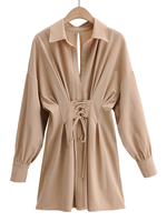 Frauen Shirt Kleider Khaki Square Neck Schnürung Langarm Polyester Midi Kleid