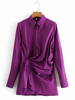 Frauen Shirt Kleider Lila Turndown Kragen Plissee Langarm Polyester Midi Kleid