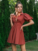 Frauen Shirt Kleider Turndown Collar Puff Kurzarm Plissee Fit und Flare Kleid