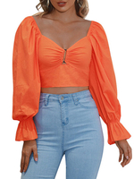 Frauen Shirt Orange Polyester Herz Hals Lässige Rüschen Plissee Langarm Sexy Tops
