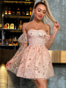 Frauen Skater Kleider Bateau Neck Kurzarm Pailletten Offene Schulter Sexy Bodycon Flare Kleid Midi Fit Kleid
