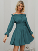 Frauen Skater Kleider Blau Grün Bateau Neck Langarm Plissee Sexy Bodycon Ausgestelltes Kleid