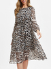 Frauen Skater Kleider Leopard Square Neck Lange Ärmel Plissee Fit und Flare Kleid