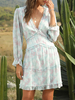 Frauen Skater Kleider Mint Green Polka Dot Chiffon V-Ausschnitt Rüschen Sexy Langarm Fit Fit Kleid Flare Kleid