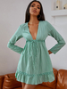 Frauen Skater Kleider Mintgrün V-Ausschnitt Langarm Rüschen Sexy Bodycon Ausgestelltes Kleid Midi-Kleid