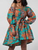 Frauen Skater Kleider One-Shoulder Long Sleeves Schnür bedrucktes Dashiki-Kleid