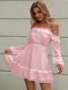 Frauen Skater Kleider Pink Bateau Neck Langarm Plissee Polka Dot Sexy Bodycon Ausgestelltes Kleid