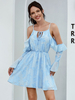 Frauen Skater Kleider Polyester Rüschen Hell Himmelblau Langarm Fit Kleid Flare Kleid Sexy Midi Kleid