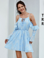 Frauen Skater Kleider Polyester Rüschen Hell Himmelblau Langarm Fit Kleid Flare Kleid Sexy Midi Kleid
