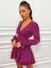Frauen Skater Kleider Rose Red V-Ausschnitt Langarm Leopardenmuster Sexy Bodycon Fit Kleid