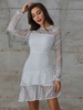 Frauen Skater Kleider Weiß Langarm Spitze Casual Bodycon Midi Flared Kleid