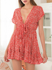 Frauen-Sommer-Kleid-roter V-Ausschnitt gedruckt Polyester-Strand-Kleid