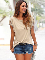 Frauen Sommer T-Shirt für Damen 2021 Runde Hals Fringe Aprikose Casual Top