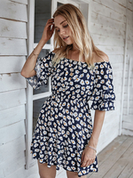 Frauen Sommerkleid Bateau Neck Blumendruck Dark Navy Short Beach Kleid Midi Kleid