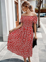 Frauen Sommerkleid Bateau Neck Printed Split Front Rot Long Beach Kleid Baumwolle Maxi-Kleid