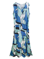 Frauen Sommerkleid Blau V-Ausschnitt Ärmellos bedrucktes Strandkleid