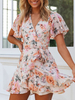 Frauen Sommerkleid Blumendruck V-Ausschnitt Kurzarm Rüschen Schnür Strandkleider
