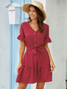Frauen Sommerkleid Burgund V-Ausschnitt Knöpfe Polka Dot Short Fit und Flare Kleid