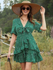 Frauen Sommerkleid Grün V-Ausschnitt Schnürung Blumenmuster Polyester Strandkleid Midi-Kleid