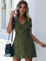 Frauen Sommerkleid Hunter Green V-Ausschnitt Kurzarm Beach Dress