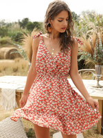Frauen Sommerkleid Rote Riemen Neck Sleeveless Flora Gedruckt Polyester Kurzes Strand Kleid Midi Kleid
