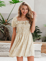 Frauen Sommerkleid Square Neck Blumendruck Beige Strandkleid